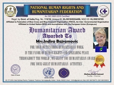 Indira Bajramović dobitnica humanitarne  nagrade Nacionalne federacije za ljudska prava i humanitarnu pomoć iz Indije